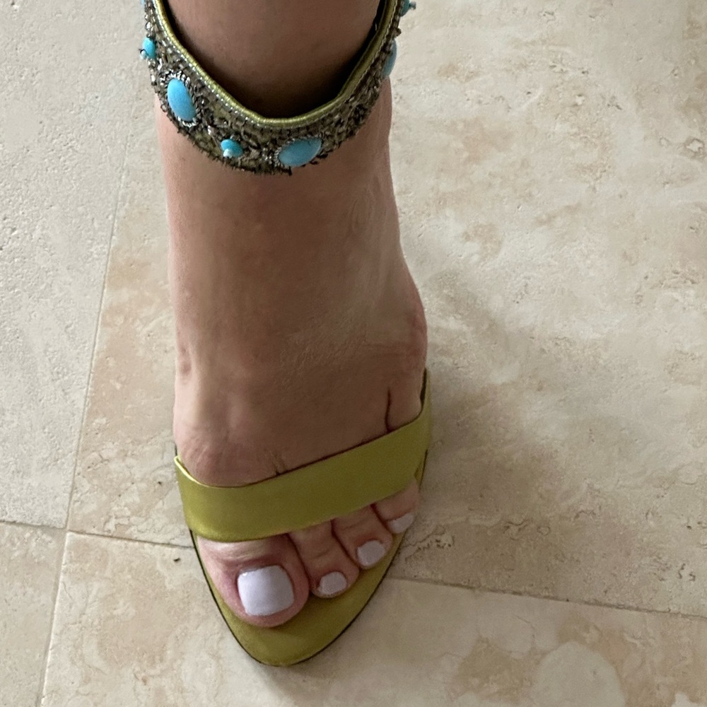 Sergio Rossi Green Satin ankle strap shoes w/turquoise jewels - Sz 6